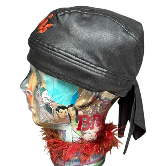 Black Sturgis Faux Leather Tie Back Biker Cap - Adjustable Fit - Picture 5 of 7